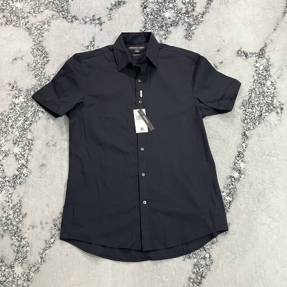 Michael Kors Womens Size S Black Trim Stretch Short Sleeve Button Up Shirt